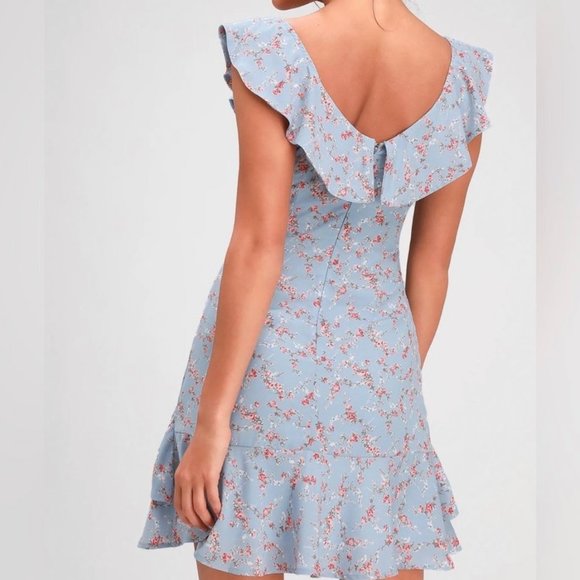 Lulu’s Radiant Rosa Light Blue Floral Print Ruffled Mini Dress Size Small - Picture 4 of 9